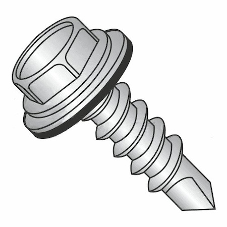 Self-Drilling Screw, #12 x 1 in, Plain 410 Stainless Steel Flange Hex Head External Hex Drive